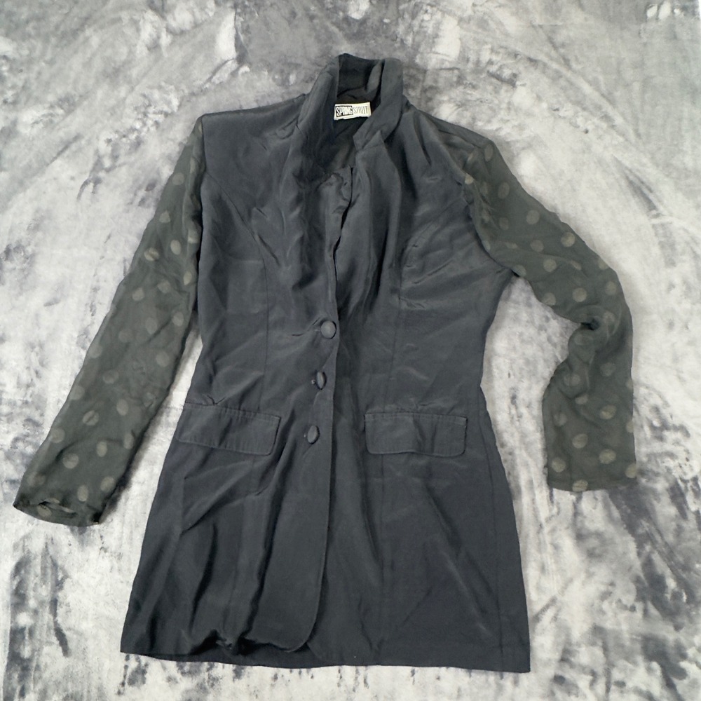 Spring Street Blazer Jacket Womens Small Black Sheer Polka Dot Sleeve Longline
